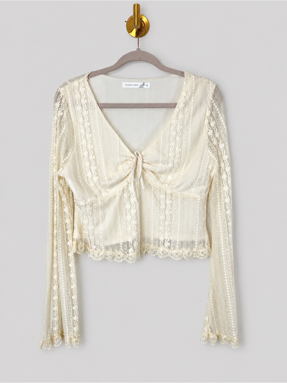 Altar’d State Cream Lace Tie Front Long Sleeve Crop Top Boho Cottagecore Romanti